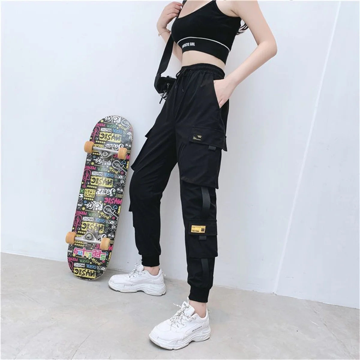 Black Cargo Pants Women Casual Joggers High Waist Loose Female Hip Hop Trousers Korean Punk Pants Funny Capri Streetwear Femme