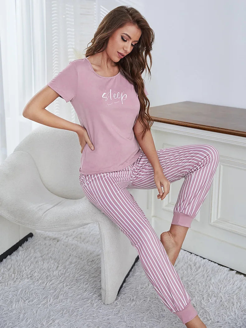 2Pcs Women Plus Size Pajamas Short-Sleeved White Striped Drawstring Trousers Student Homewear Suit Letter Print T-Shirt Ladies