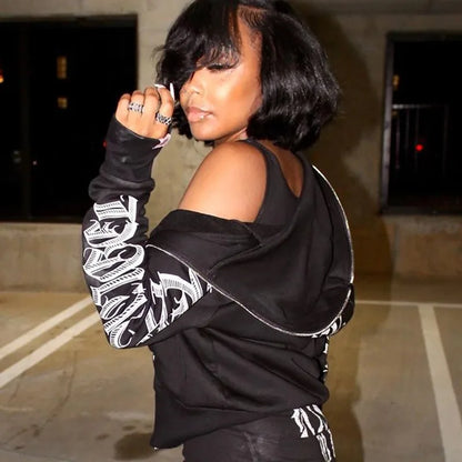 Women Crop Zip Hoodie Y2K Gothic Letter Big Hood Slim Sweatshirt Long Sleeve Cropped Jacket Street Club Daily Casual Outfit