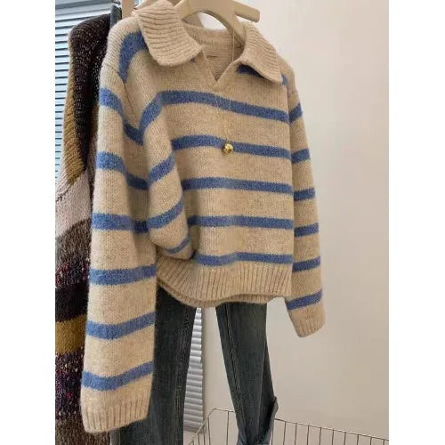 Blue Striped Soft Thickened  Neck Sweater Women's Autumn Winter Loose Fit Overhead Knitted Shirt Small Size Turn-down Collar