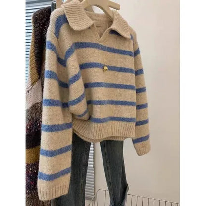 Blue Striped Soft Thickened  Neck Sweater Women's Autumn Winter Loose Fit Overhead Knitted Shirt Small Size Turn-down Collar