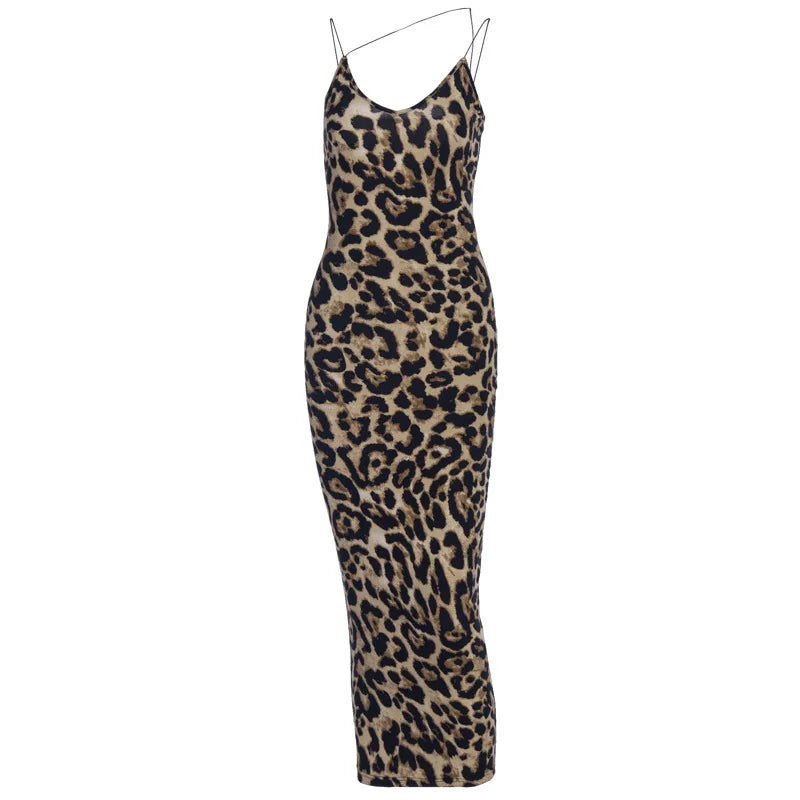 Leopard Sleeveless Dress - Slim Fit High Waist Spaghetti Strap Summer Party Gown
