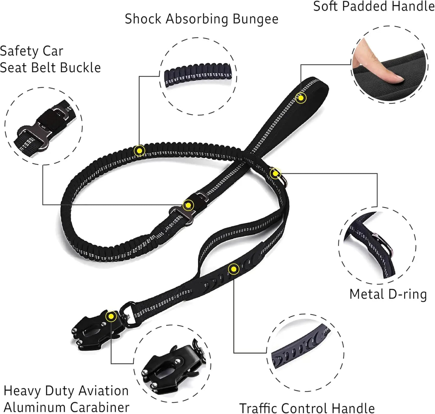 Reflective Shock Absorbing Pet Leashes with Car Seatbelt for Large Dogs Heavy Duty Tactical Bungee Dog Leash No Pull Dog Leash