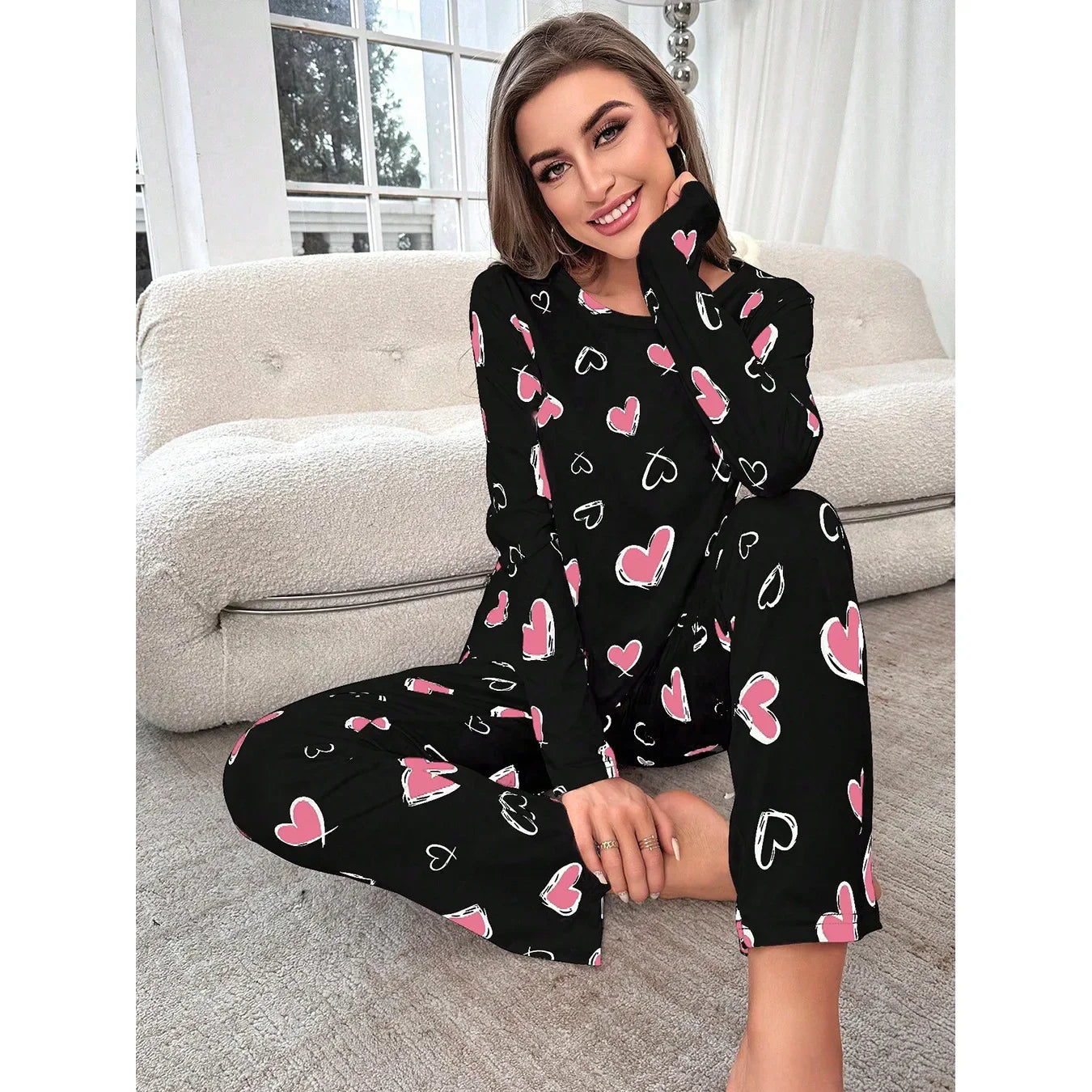Sleepwear Women's Black Love Print Long Sleeve Trousers Student Loungewear Pajama Set Girl O-Neck Fashion Soft Casual Nightwear
