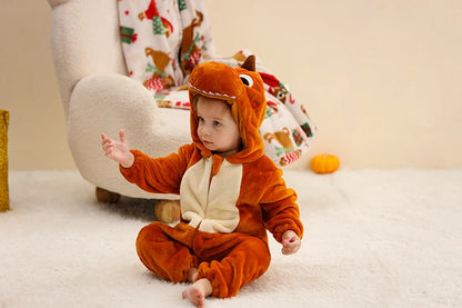 Baby Winter Rompers - Soft Polyester Hooded Jumpsuit With Animal Pattern, Machine Washable