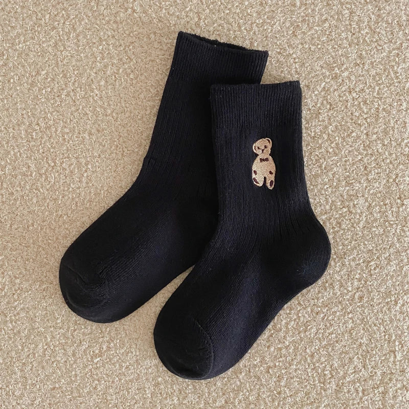 1 Pairs Cotton Kids Socks Korean Retro Style Bear Embroidery Girls Boy Toddler Knitted Socks Warmth Tube Socks For 1-9 Year