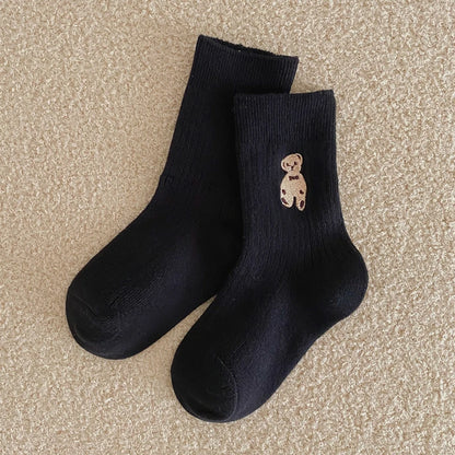 1 Pairs Cotton Kids Socks Korean Retro Style Bear Embroidery Girls Boy Toddler Knitted Socks Warmth Tube Socks For 1-9 Year