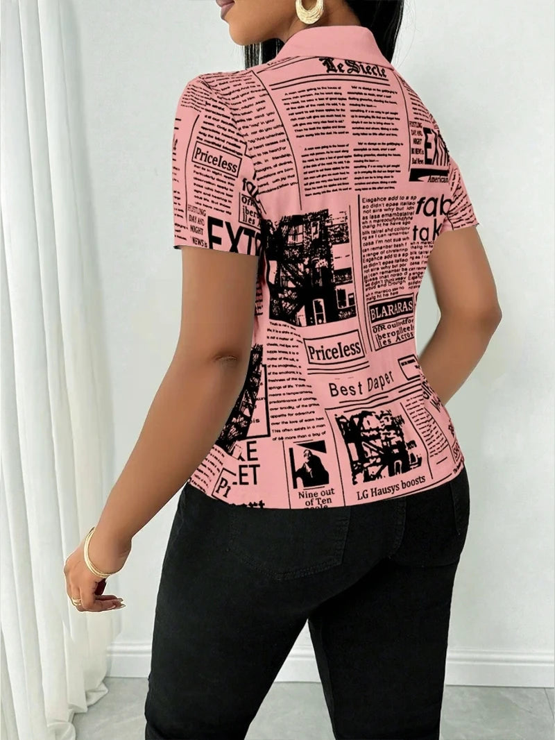 Women Summer Fashion Newspaper Print Single-Breasted V-Neck Women Shirt