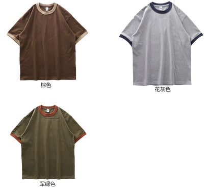 DUKEEN 320G Heavyweight Color-Blocked Patchwork Men's T-Shirt Summer 100% Cotton Solid Color Short Sleeve Basic Tops