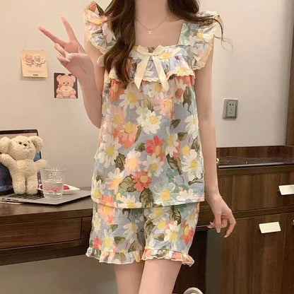Set Sexy Women Summer Pajamas Sleeveless Sleepwear Trousers Sets Short Sleeve Sleepwear Women's Pajama Sleeping Sleep Lounge