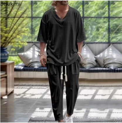 Summer Casual Trousers Set Cotton Linen 2 Piece Men's V-neck Short Sleeve T-shirt and Pants Hawaiian Beach Cotton and linen Set