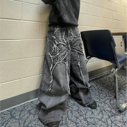 Y2K Retro Oversized Baggy Unisex Mopping Pants Phantom Jeans Men High Street Spider Embroidered Patch Hip Hop Streetwear Gothic