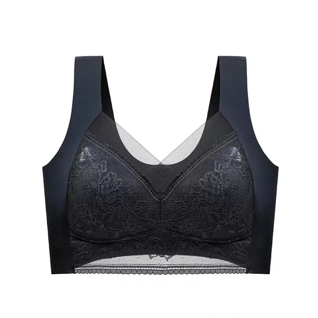 Plus Size Bra - Women's Lace Padded Comfort Bra With Ice Silk Fabric, Wire Free Support