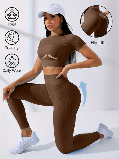 Workout Sets Outfits for Women – Yoga Leggings with Short Sleeve Crop Top, Slim Fit Tummy Control Butt Lifting Waist Shaping, Seamless Ribbed Texture, Breathable Soft Fabric, Non-Pilling, Perfect for Fall Winter Gym Yoga Ru