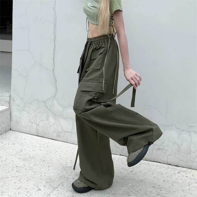 High Quality 2025 Cotton High Street Cargo Pants for Women Men with Ribbon High Waist Wide Leg Hip-hop Cool Dances Pants Ladies