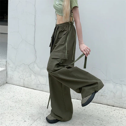 High Quality 2025 Cotton High Street Cargo Pants for Women Men with Ribbon High Waist Wide Leg Hip-hop Cool Dances Pants Ladies