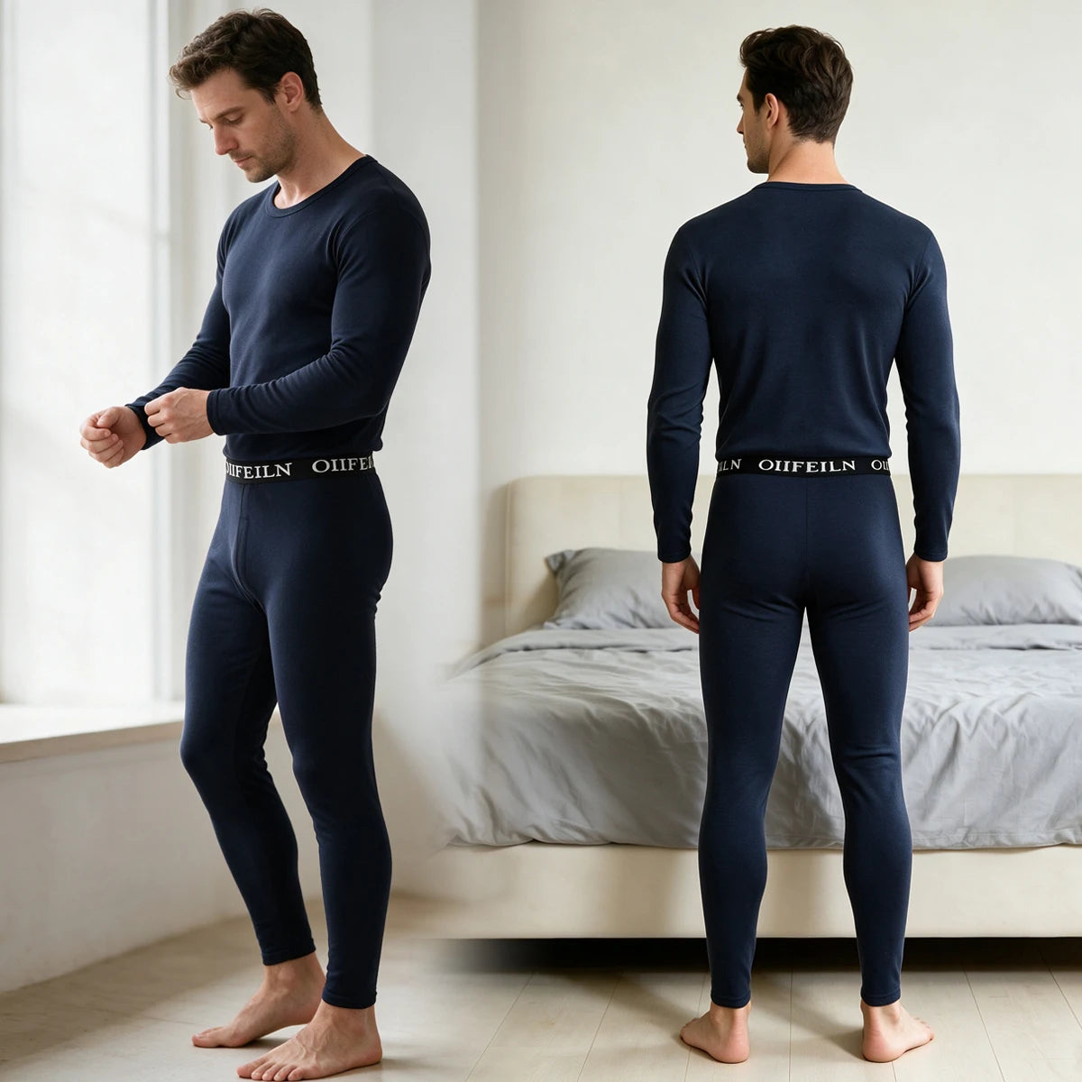 Men's Autumn/Winter Warm Underwear Set Solid Color Multi Color Round Neck Long Sleeve Top Letter Elastic Waist Casual Pants
