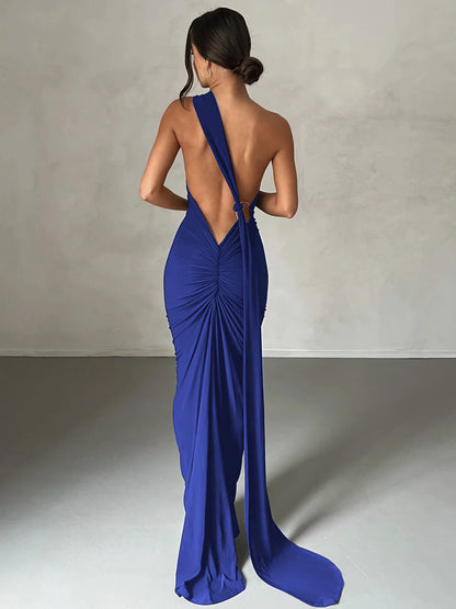 Hugcitar One Shoulder Backless Adjustable Scarf Loop Ruched Sexy Maxi Dress Women Elegant Y2K Streetwear Festival Outfit