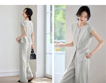 SENTUBILA Women's Linen Trouser Suit Summer Two Pieces Matching Set Women Button Shirt Straight Pant Sets 2026 Outfits 152ZA0094