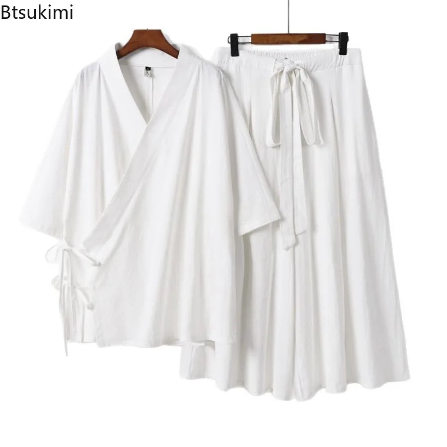 2026 Chinese Style Men's Linen Suit Tang Style Zen Style Hanfu Taoist Long Robe Top Pants Cotton and Linen Loose Two-piece Set