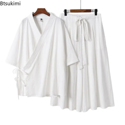 2026 Chinese Style Men's Linen Suit Tang Style Zen Style Hanfu Taoist Long Robe Top Pants Cotton and Linen Loose Two-piece Set
