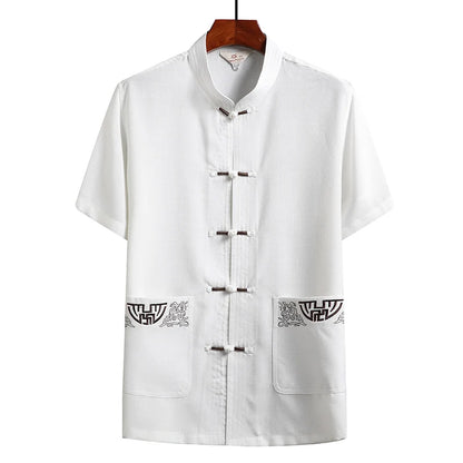 Cotton and Linen (Top + Pants) Elderly Men Gold Silk Pan Buckle Pocket Embroidered Tang Dress Han Dress Lay Tai Chi Suit Set