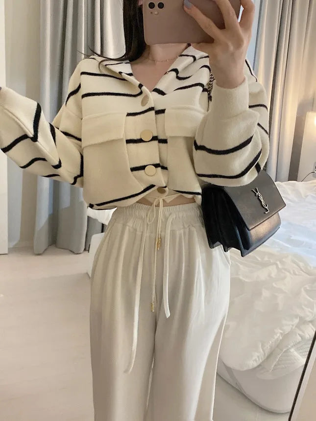 Loose Women's Knitted Cardigan Coat with Big Pockets Striped Splicing Drawstring Hem Single Buttoned Open Front Sweater