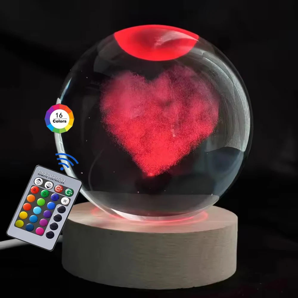 3D Crystal Ball Night Light – USB Powered Lamp With Remote Control & Wooden Base