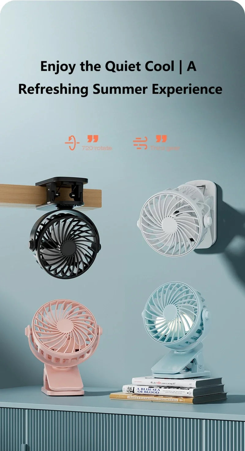 Portable Mini Cooler Fan 720°Rotatable Clip Fan Built In Night Lamp USB Rechargeable Personal Fan For Outdoor Camping Ventilador