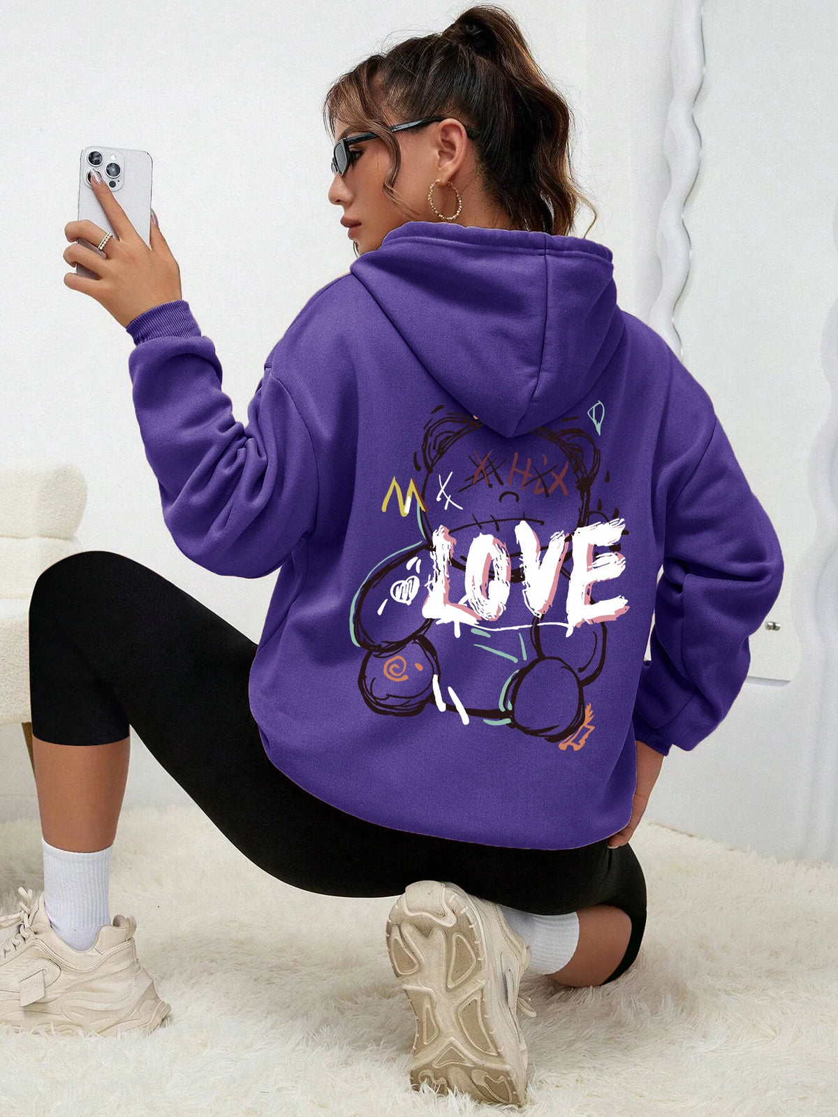 Graffiti Line Bear Simple Print Female Hoody Harajuku S-3xl Sweatshirt Fashion Casual Street Hooded Autumn Warm Streetwear Women