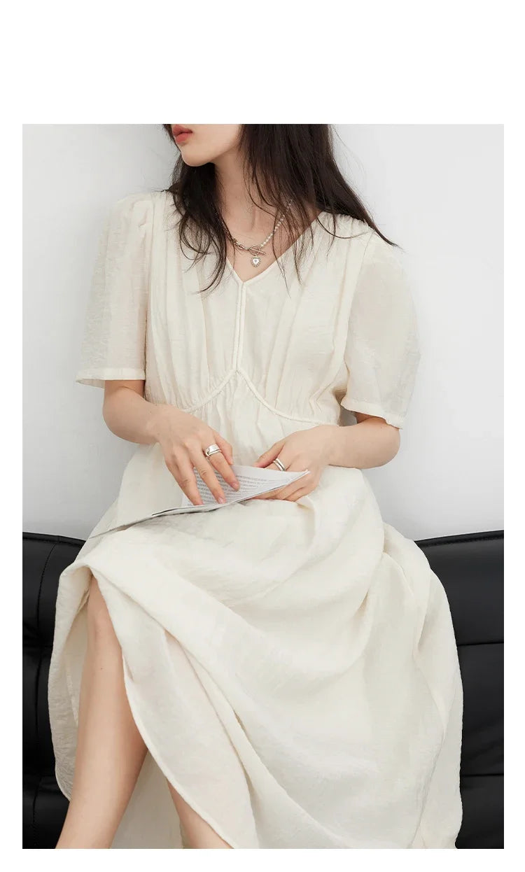 Vintage V-Neck Dress – Women Summer Fashion | White Puff Sleeve, Loose Ankle-Length