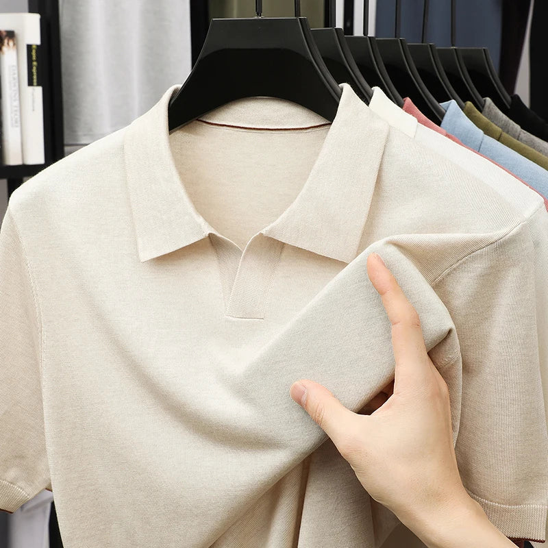 100%  Lyocell Knitwear 2025 Men Spring Summer Trendy Turn Down Collar Knit Tees Short Sleeve Breathable Knit Tops