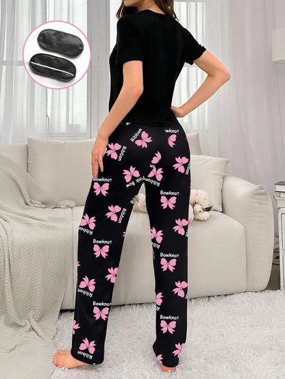 Women's new style bow print short-sleeved trousers two-piece casual comfort home wear eye mask pajamas set