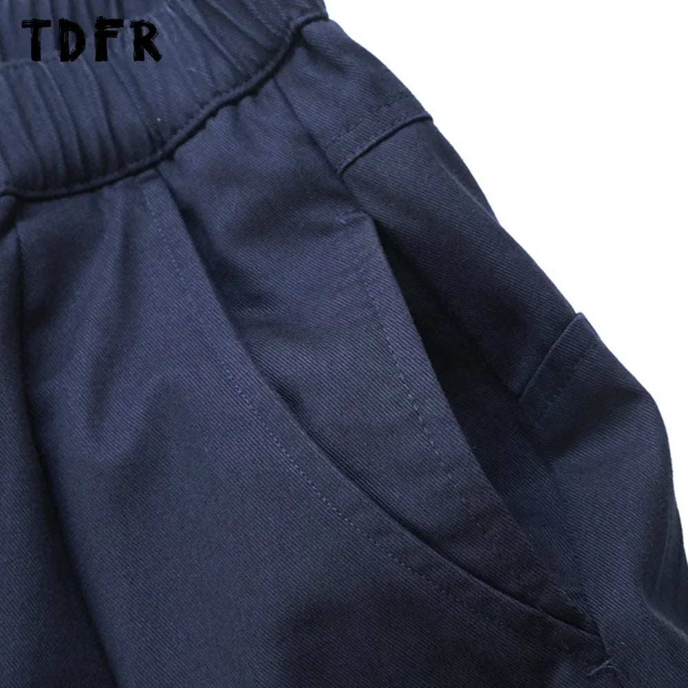 Solid Color Wide Leg Cargo Pants Mens Baggy Pleated Streetwear Elastic Waist Casual Loose Trousers Men