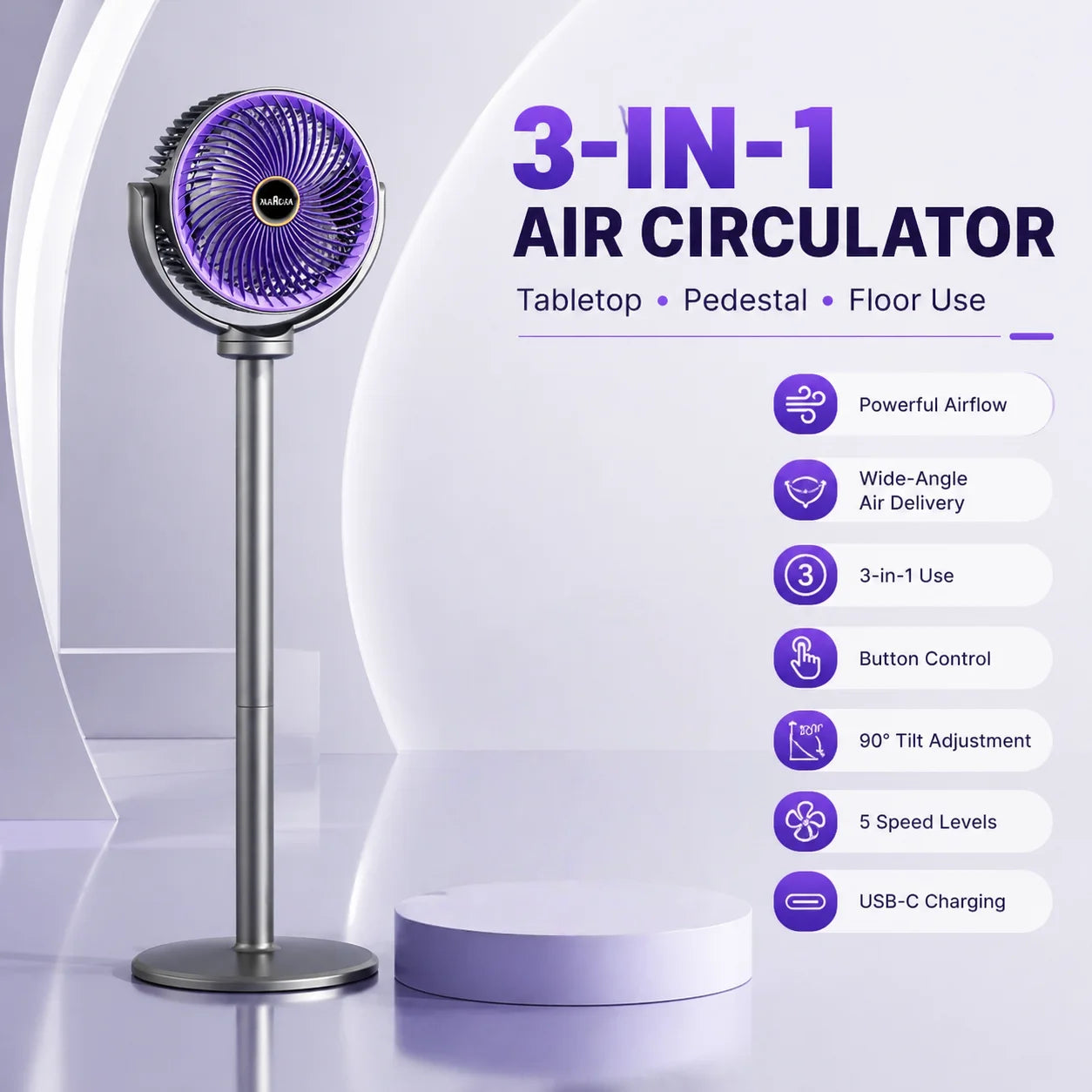 Modern 2-in-1 Floor Desk Air Circulator Fan 5 Speeds Powerful Airflow Portable USB Pedestal Fan for Home Bedroom Office