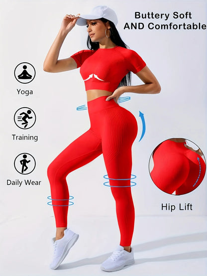 Workout Sets Outfits for Women – Yoga Leggings with Short Sleeve Crop Top, Slim Fit Tummy Control Butt Lifting Waist Shaping, Seamless Ribbed Texture, Breathable Soft Fabric, Non-Pilling, Perfect for Fall Winter Gym Yoga Ru
