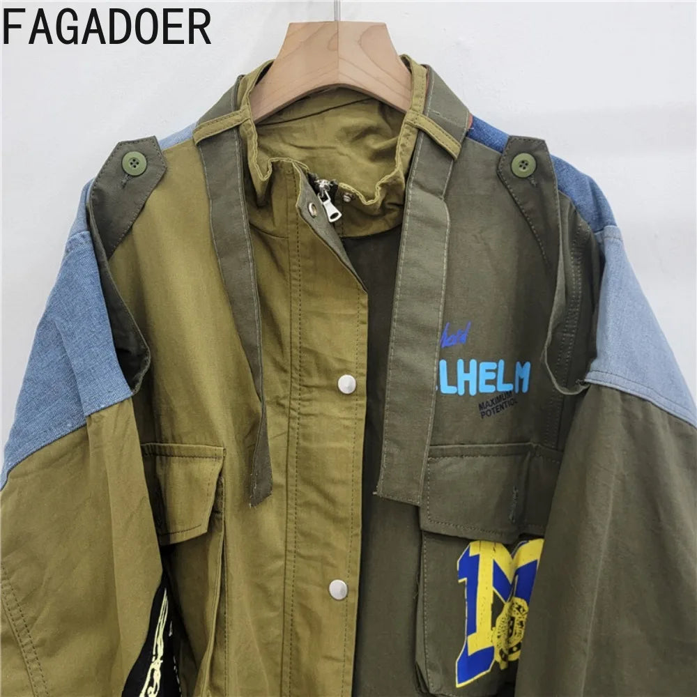 FAGADOER Retro Letter Printing Jacket Women Streetwear Green Cargo Pocket Denim Patchwork Fashion Coat Female Clothing 2025 New