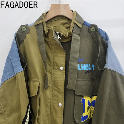 FAGADOER Retro Letter Printing Jacket Women Streetwear Green Cargo Pocket Denim Patchwork Fashion Coat Female Clothing 2025 New