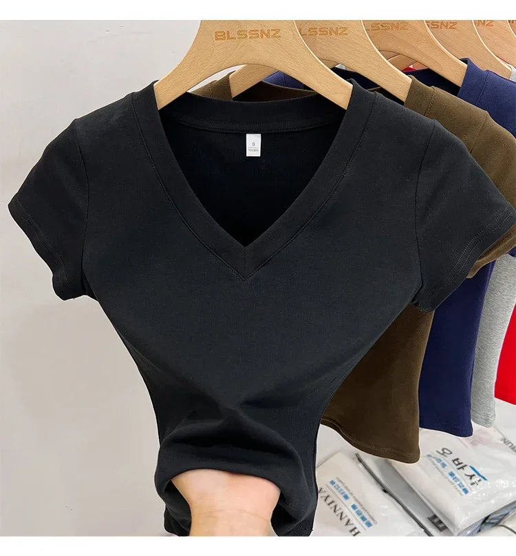 Summer Sexy V-neck Slim T Shirt Women Cotton Basic Solid Crop Tops Female Casual Tops Short Sleeve T-shirts 2026