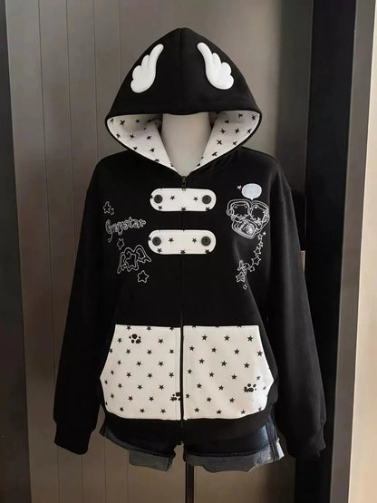 Y2K Vintage Zipper Hoodie Women Long Sleeve Subculture Purple Stripe Priint Harajuku Style Autumn Spting Casual Tops Streetwear
