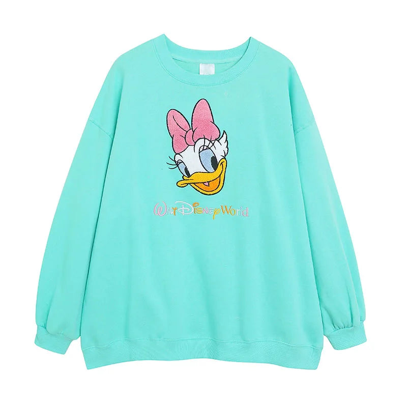 Disney World Disneyland Embroidery Sweatshirt Women Casual Fleece Jumper Mickey Daisy Duck Cartoon Loose Pullover Top O Neck
