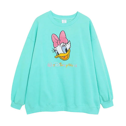 Disney World Disneyland Embroidery Sweatshirt Women Casual Fleece Jumper Mickey Daisy Duck Cartoon Loose Pullover Top O Neck
