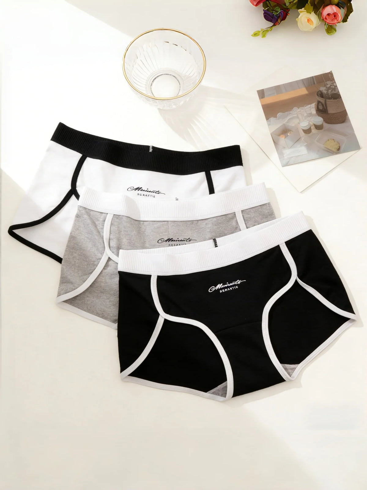 3PCS Contrast Binding Letter Print High Cut Cotton Panties With Extra Long Gusset Set