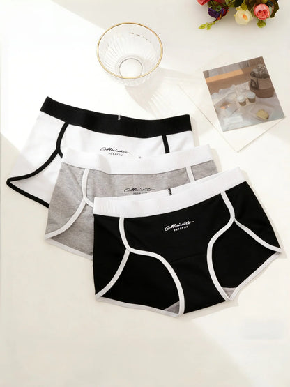 3PCS Contrast Binding Letter Print High Cut Cotton Panties With Extra Long Gusset Set