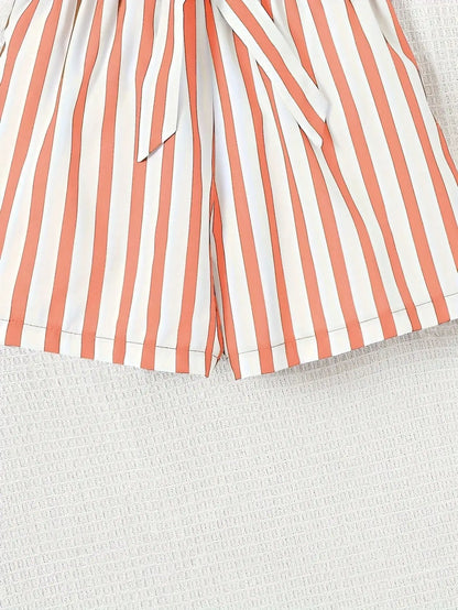 Women's casual daily short sleeved love printed+striped printed shorts 2-piece set with random belt striped children's clothing