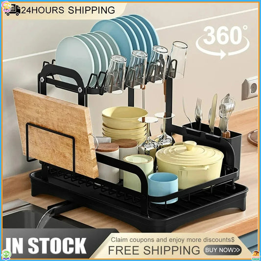 Dish Drying Rack - 2 Tier Kitchen Sink Organizer with Retractable Drain System