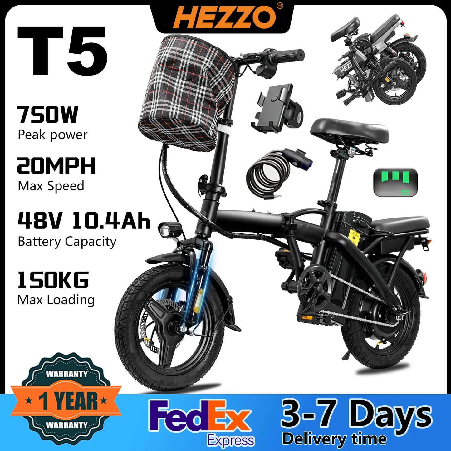 T5 Lightweight Folding Electric Bike for Adults 48V 750W Peak Power 20MPH 18-22 Miles Range 14Inch Disc Brake Commuter E-bike