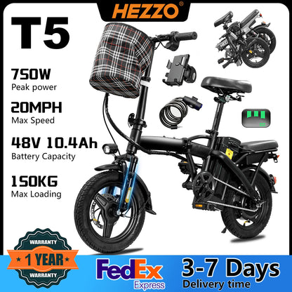 T5 Lightweight Folding Electric Bike for Adults 48V 750W Peak Power 20MPH 18-22 Miles Range 14Inch Disc Brake Commuter E-bike