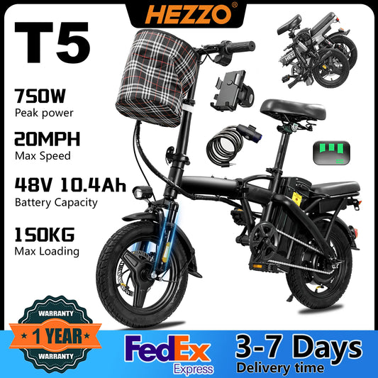 T5 Lightweight Folding Electric Bike for Adults 48V 750W Peak Power 20MPH 18-22 Miles Range 14Inch Disc Brake Commuter E-bike