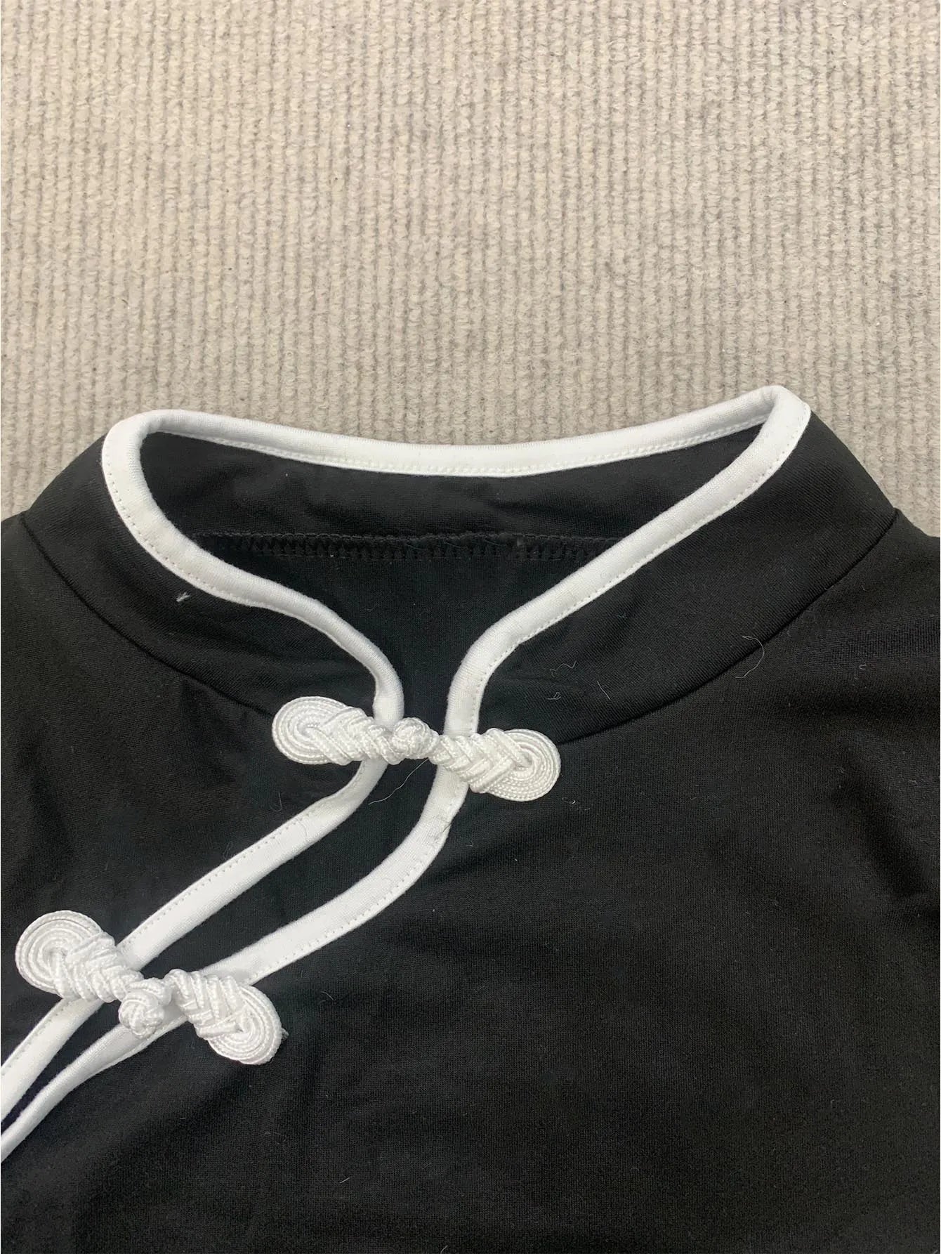 Women's Casual Daily Fashion Black Embellished Frog Button Fitted Cheongsam Style Crop Top 2026